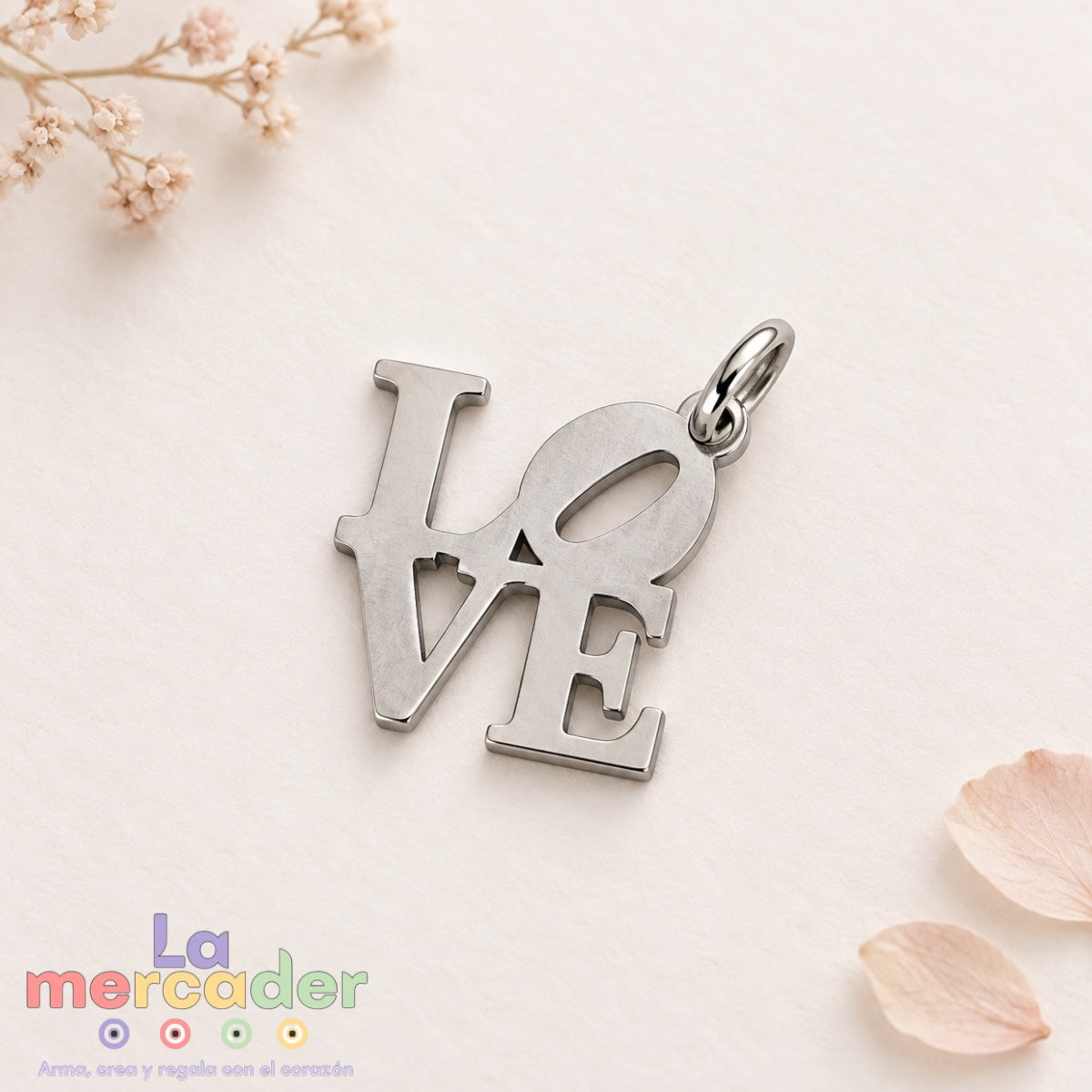 Dije LOVE de Acero Inoxidable Pulido 1.5 cm | Dorado y Plateado