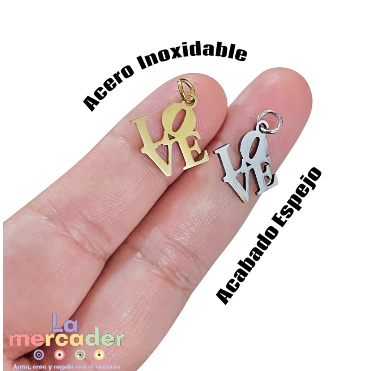 Dije LOVE de Acero Inoxidable Pulido 1.5 cm | Dorado y Plateado