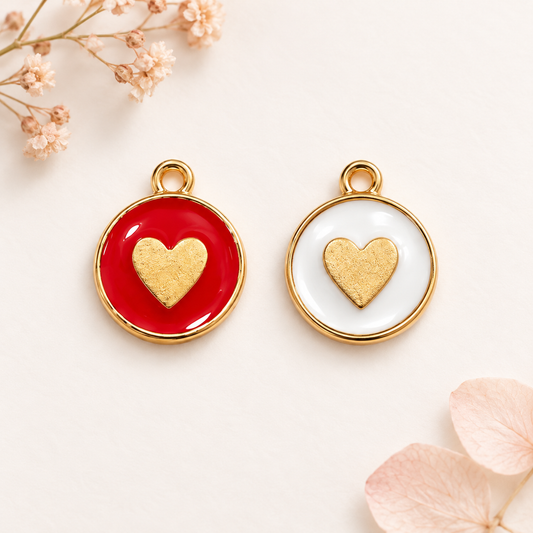 5 pz Dijes Corazón Dorado con Fondo Esmaltado | Charm Redondo Metálico Elegante para Pulseras y Collares