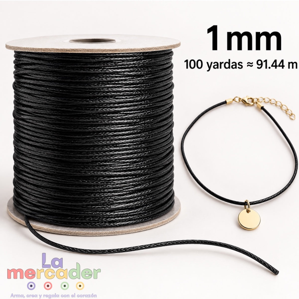 Hilo Sintético Encerado Negro 1 mm para Bisutería, Collares y Pulseras | Rollo de 100 Yardas