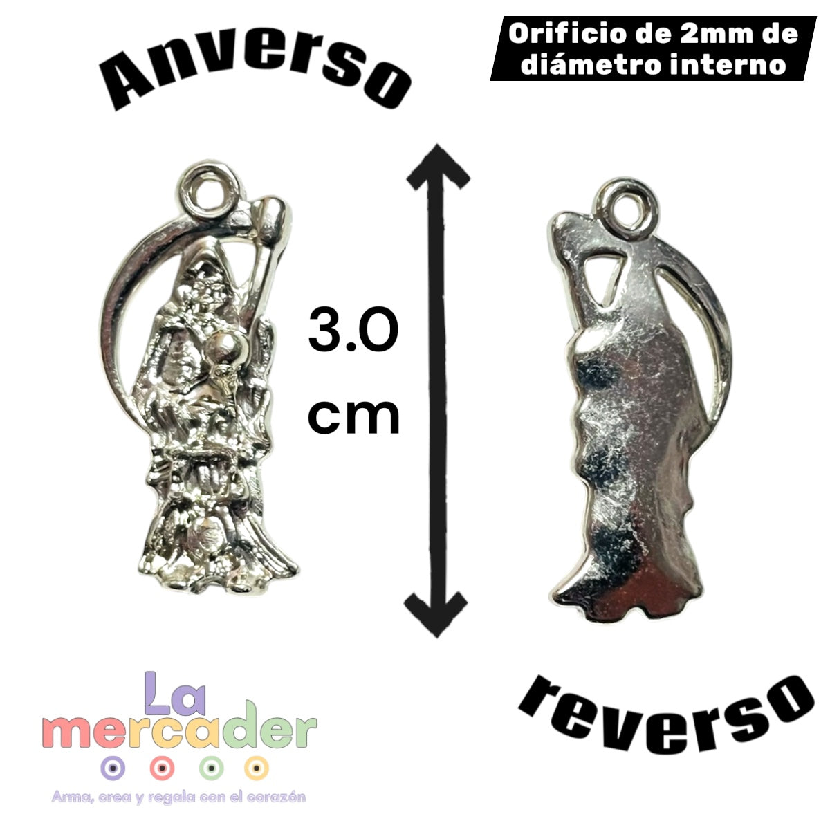 Pack 50 Dijes de Santa Muerte Plateados de Plastimetal 3 cm