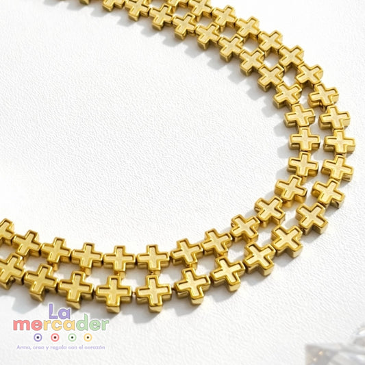 Cruces de Hematita Dorada 6 mm | Tira con 30 Piezas para Bisutería