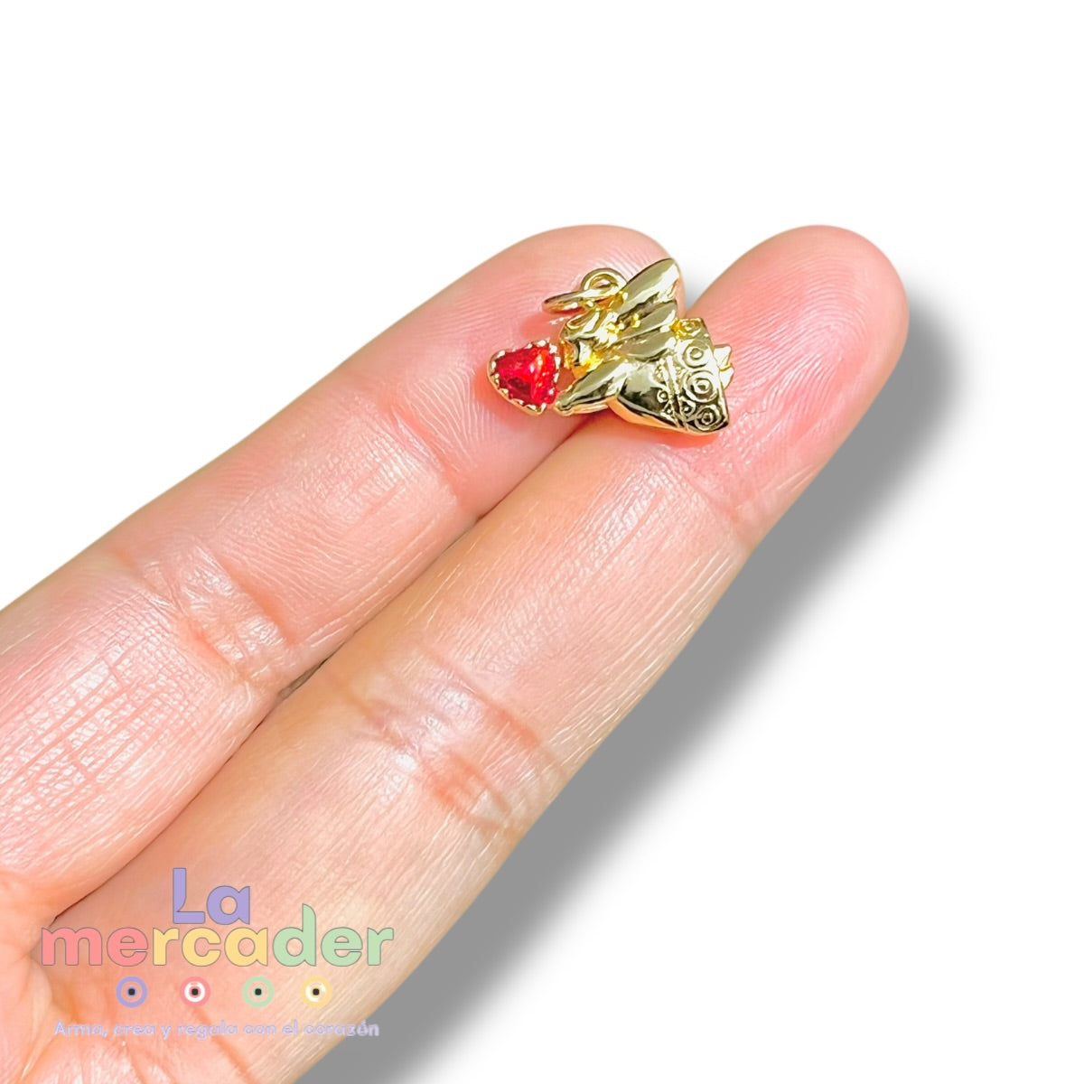 Dije Cupido Chapa de Oro 16 mm | Charm Ángel del Amor con Corazón Rojo ♥️ con