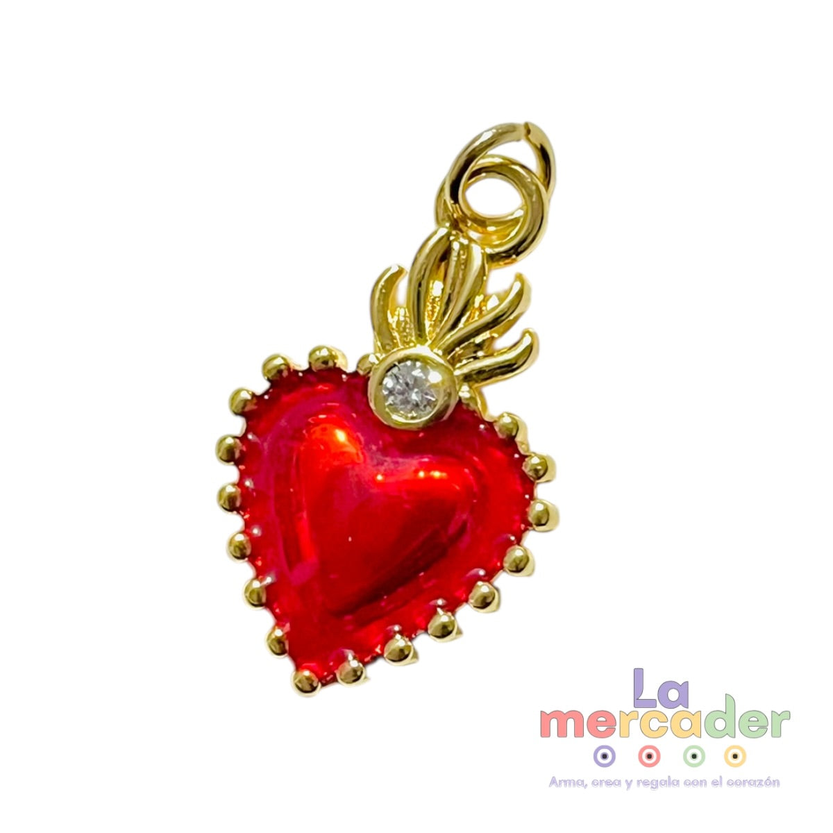 Dije Sagrado Corazón Rojo Chapa de Oro 2.3 cm | Charm Corazón Devocional con zirconia