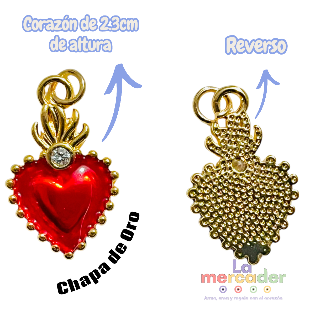 Dije Sagrado Corazón Rojo Chapa de Oro 2.3 cm | Charm Corazón Devocional con zirconia