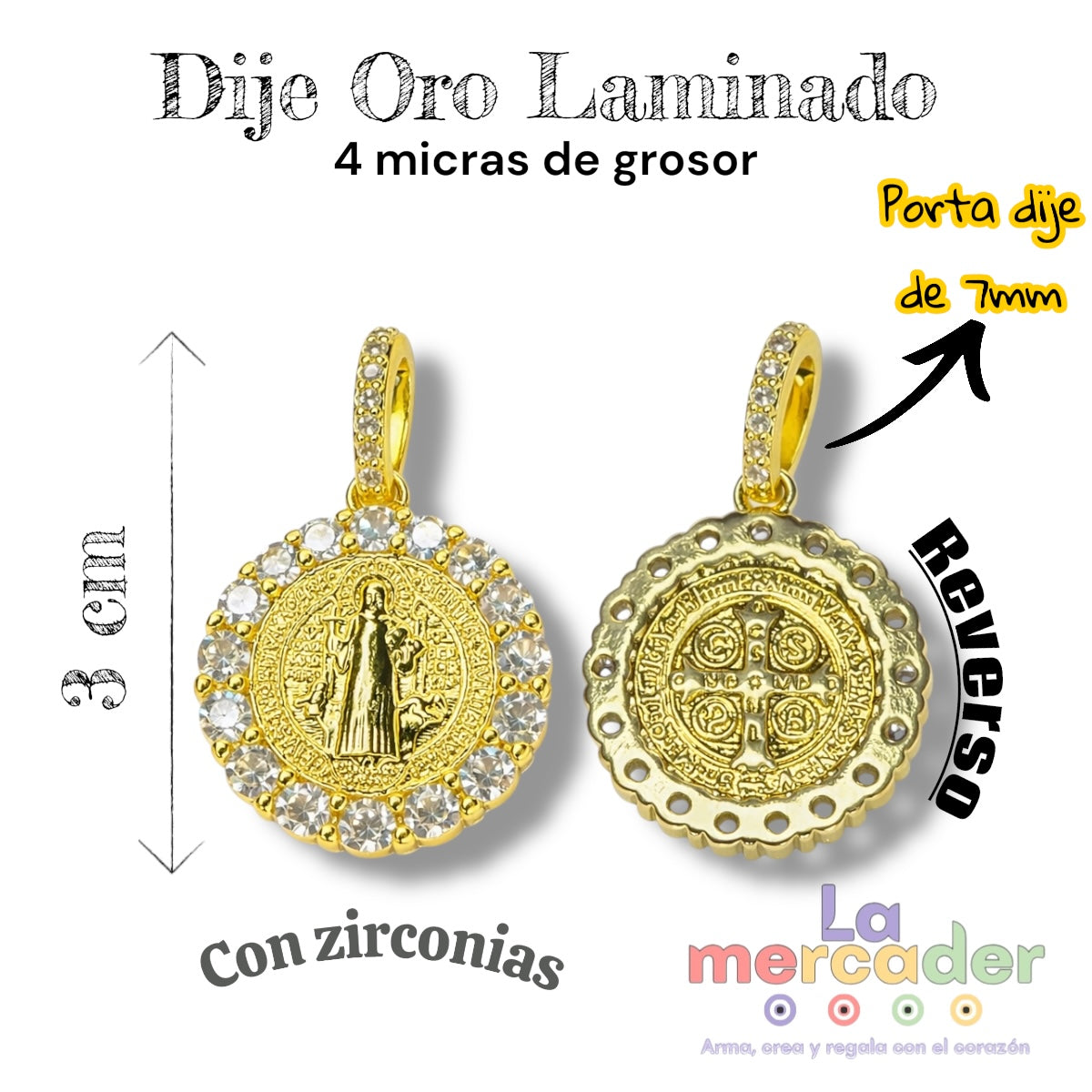 Dije San Benito Doble Vista con Zirconias en Oro Laminado 4 Micras – 3 cm | Brillo, protección